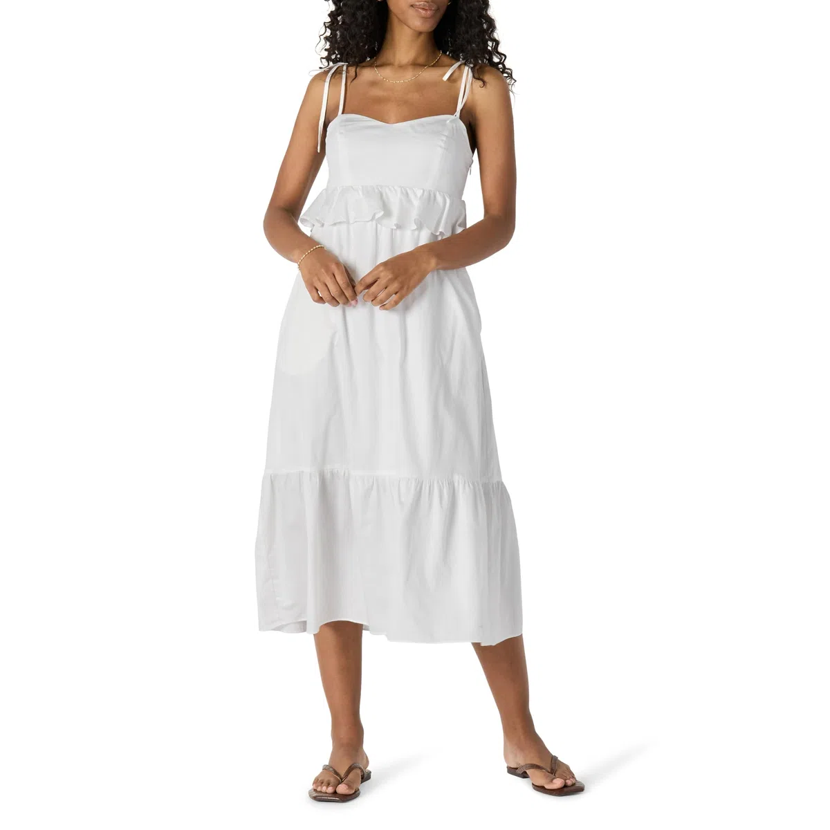 Amazon Essentials Donna Abito Midi a Trapezio con Volant in Raso di Cotone Vita Impero