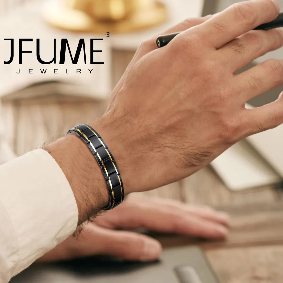 JFUME Bracciale magnetico da uomo, placcato oro 18k, placcato nero, argento, carbonio blu con strumento di rimozione link, regolabile 22cm