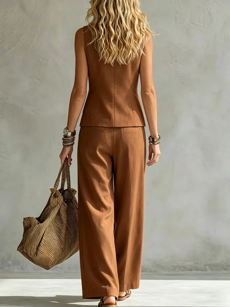 Completo da Donna A Due Pezzi: Gilet Senza Maniche con Scollo A V E Bottoni, E Pantaloni A Gamba Larga con Tasche, Set Estivo Coordinato per Lavoro, Ufficio E Affari.