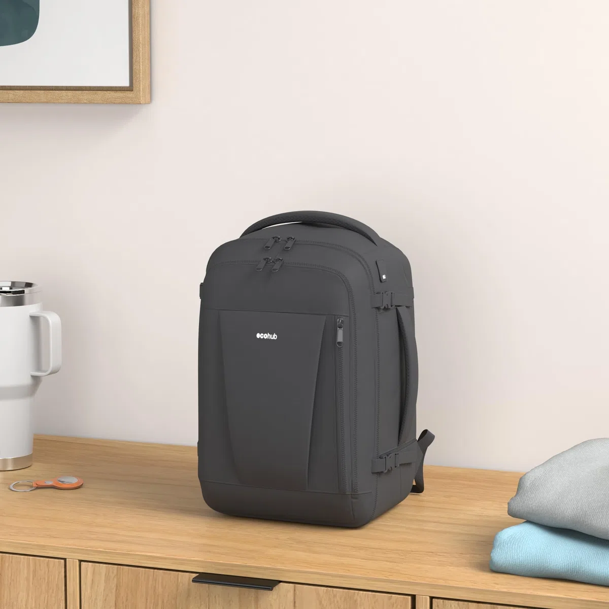 ECOHUB Zaino Ryanair 40x20x25 Zaino da Viaggio 13 Tasche Bagaglio a Mano Zaino Valigia Sotto il Sedile Maniglia Borsa Ryanair Aereo Ecologica in PET Riciclato da 20 Litri, Brevettato(Nero)