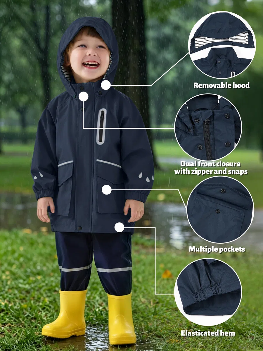 Volunboy Giacca Antipioggia Impermeabile Ragazzi, Indumento Antivento, Cappuccio Staccabile, Strisce Riflettenti, Bambini e Bambine 2-6 Anni