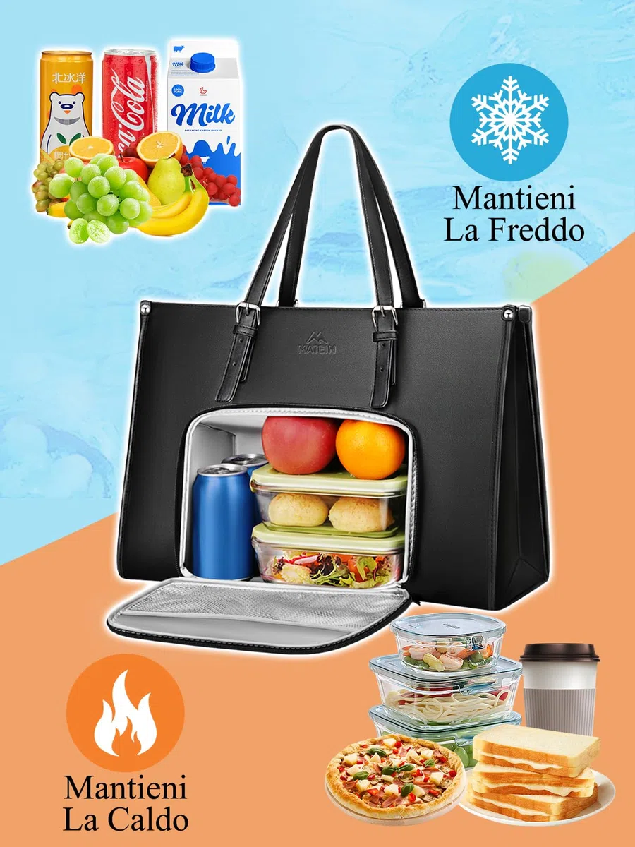 MATEIN Borsa Lavoro Donna con Scomparto Pranzo Isolato, Grande Borsa Porta PC Donna 15,6 Pollici in Pelle PU, Impermeabile Borse Tote Bag per Università, Ufficio, Shopper, Termica Porta Pranzo, Nero