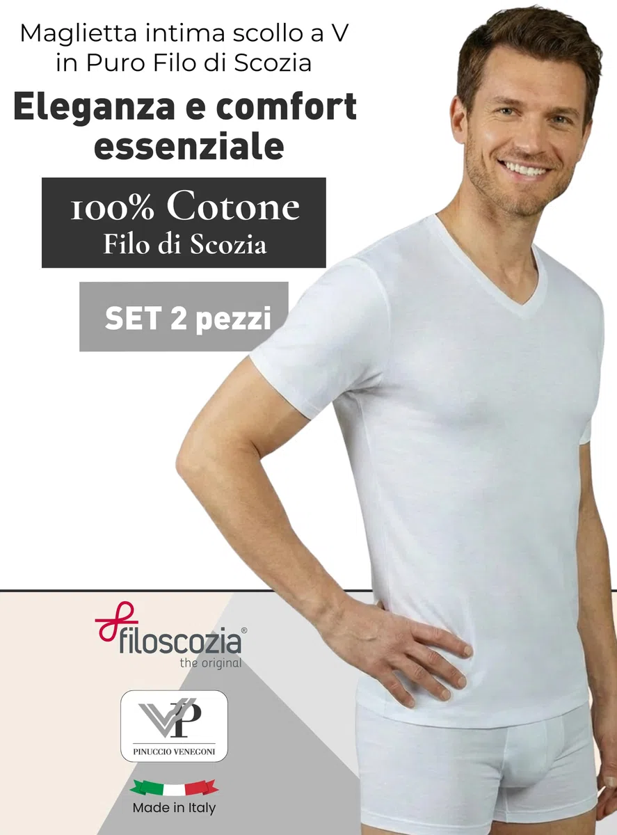 VP PINUCCIO VENEGONI Set 2 Maglietta Scollo a V Uomo in Cotone Filo di Scozia | Maglietta Intima Uomo Bianca Manica Corta | T Shirt Intimo da Uomo | Made in Italy