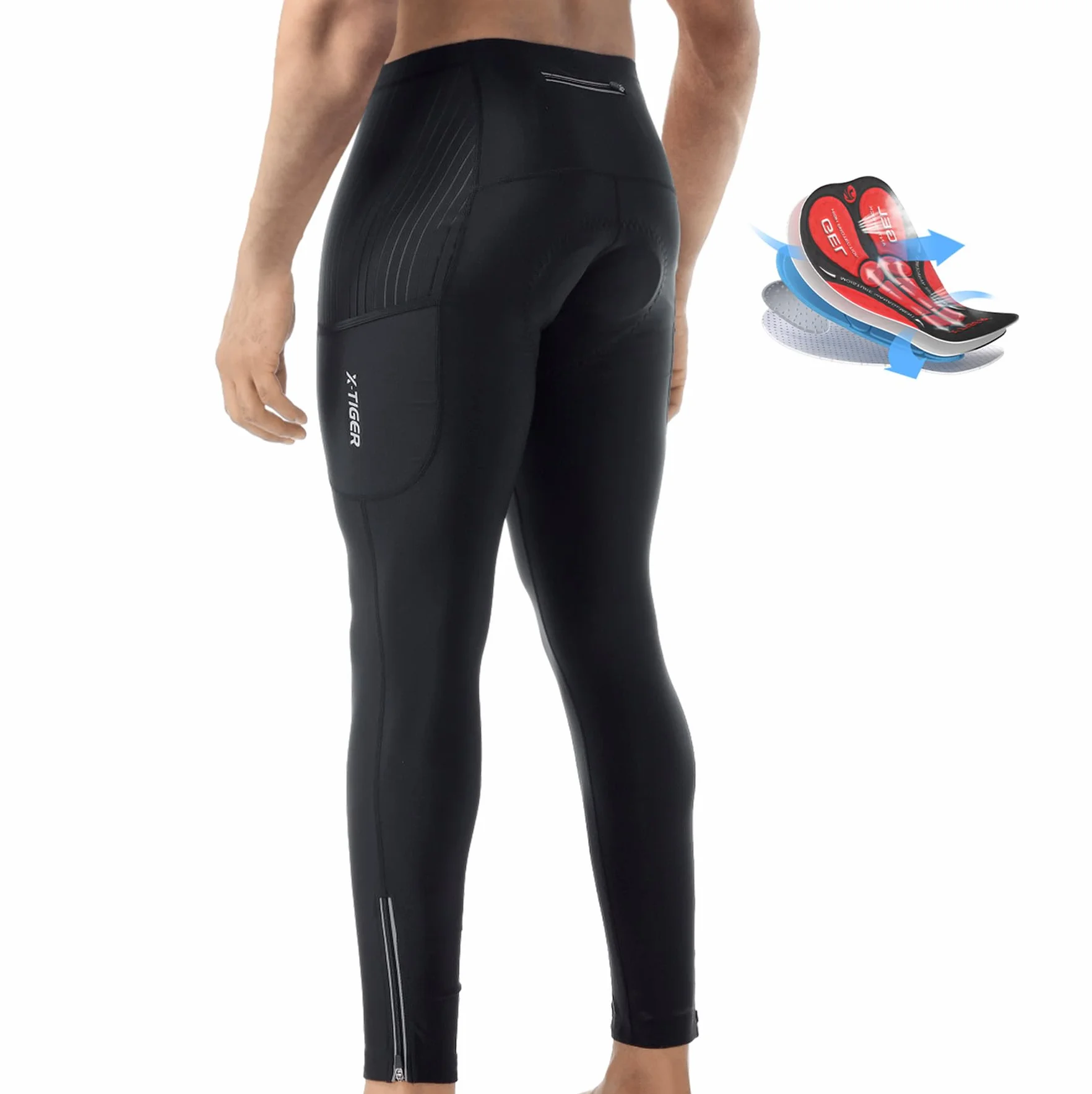 X-TIGER Pantaloni Lunghi Ciclismo Uomo 5D Gel Imbottito,Compression Mutande MTB Pantaloni Traspirante Asciugatura Rapida con 3 Tasche
