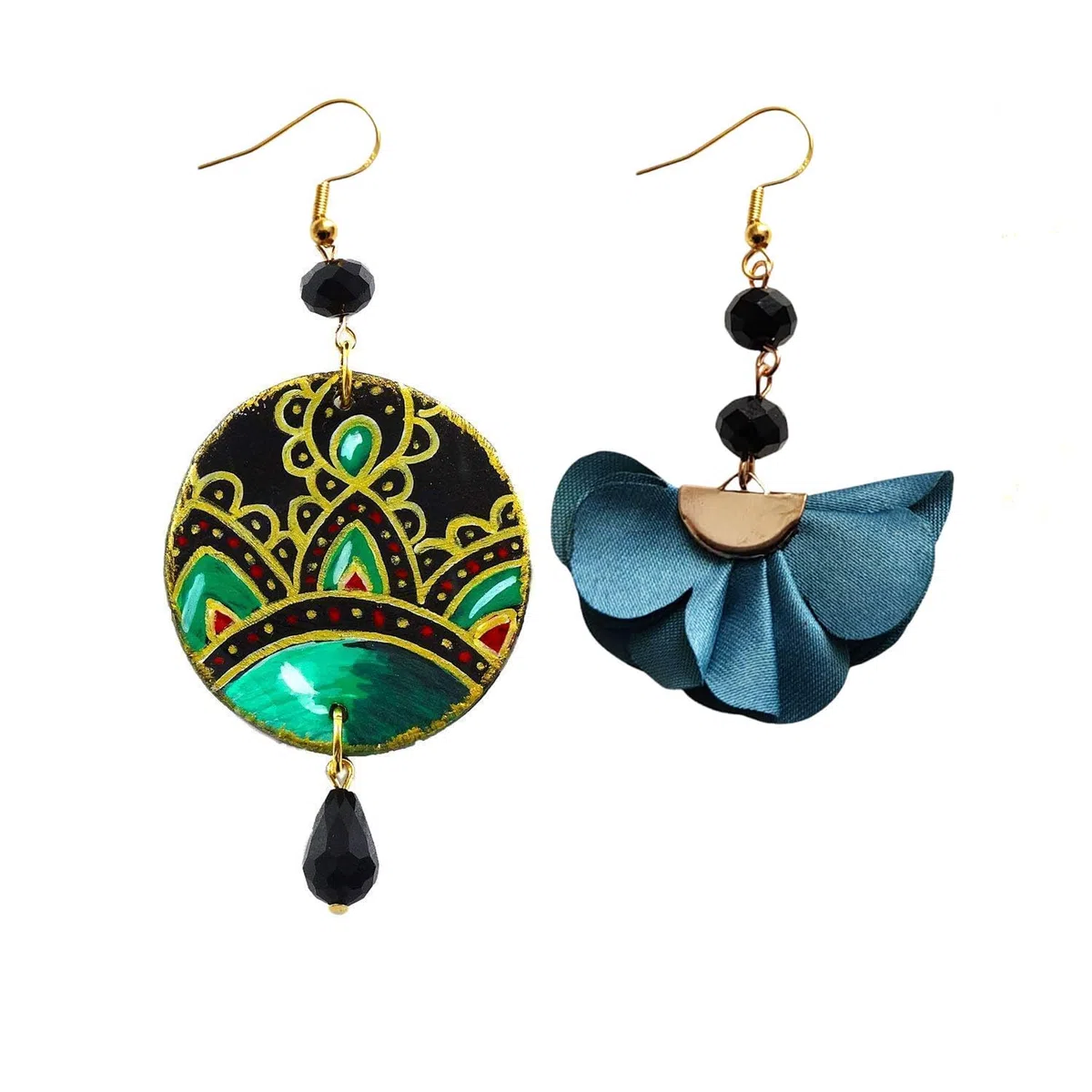 Orecchini dipinti a mano – DECORAZIONE CERAMICA DI VIETRI E FIORE - Pendenti da donna, Gioielli in legno dipinto, Gancio in argento, Made in Italy, Bijoux da donna decorati, Lavorazione Artigianale