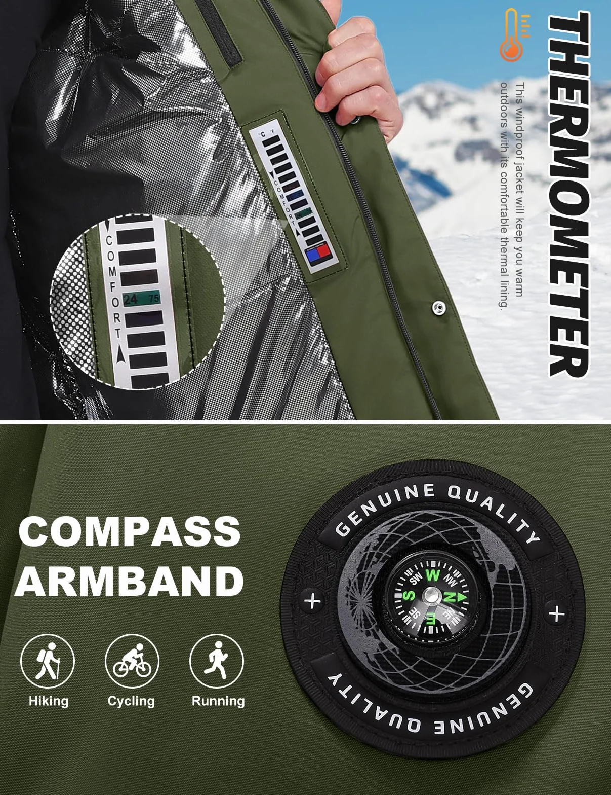 Voqeen Uomo Giacca Sci Invernale Impermeabile Giacche con Cappuccio Staccabile Termica Antivento Cappotto Sportiva Calda con Multi-Tasche