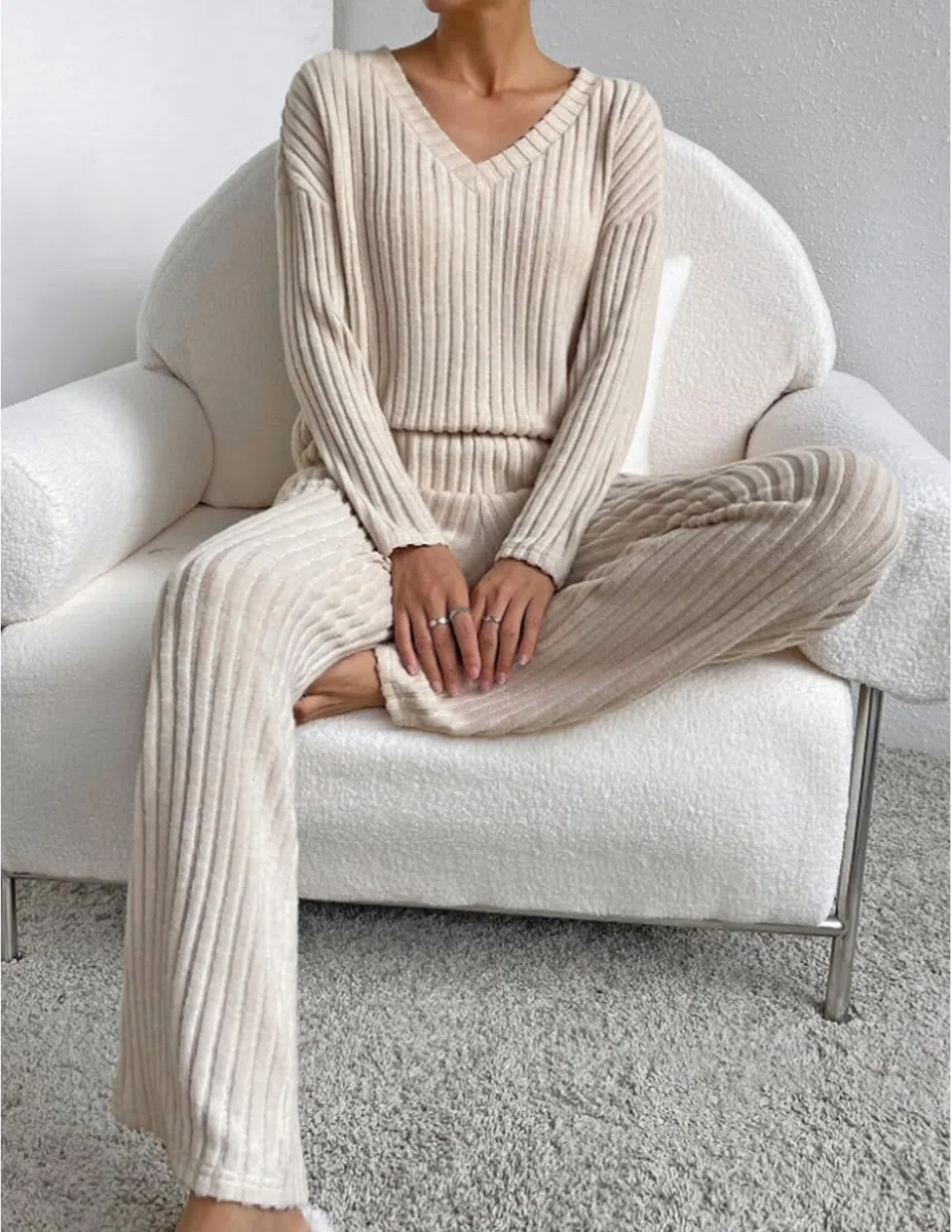 Donna Completo Tuta 2 Pezzi Completo a Maniche Lunghe Maglia Comode Pantaloni Dritti con Scollo a V Tuta Autunno Inverno
