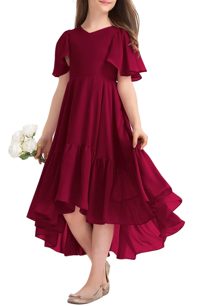 Haloumoning Abito estivo da ragazza, con scollo a V, con volant, casual, a linea, flowy, alto, basso, lungo, elegante, abito da sera lungo