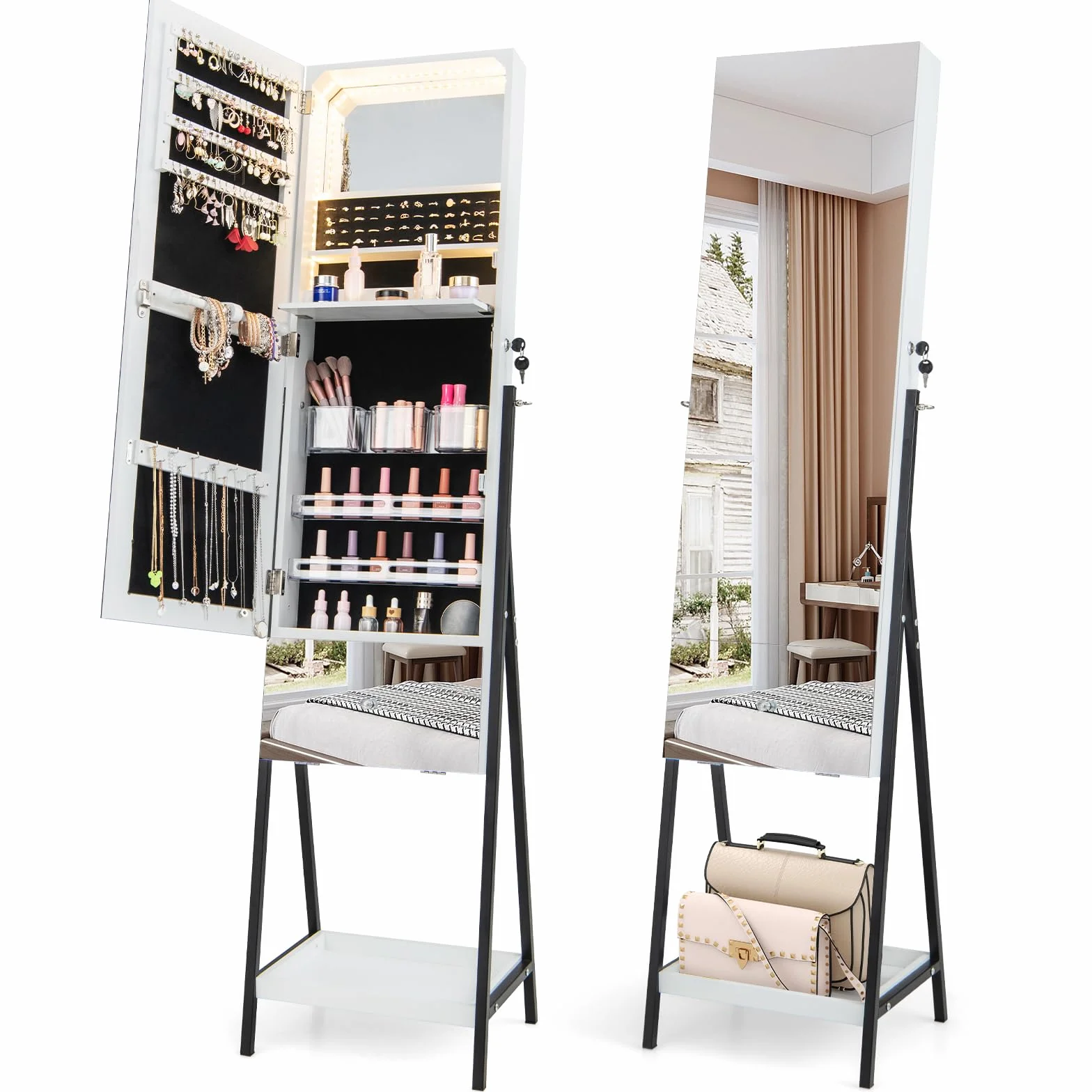 COSTWAY Armadietto Portagioie da Terra, Specchio Portagioie con Specchio Senza Cornice, Luci LED a 3 Colori, con Cassetto e Ripiano, 41 x 35 x 166 cm (Bianco)