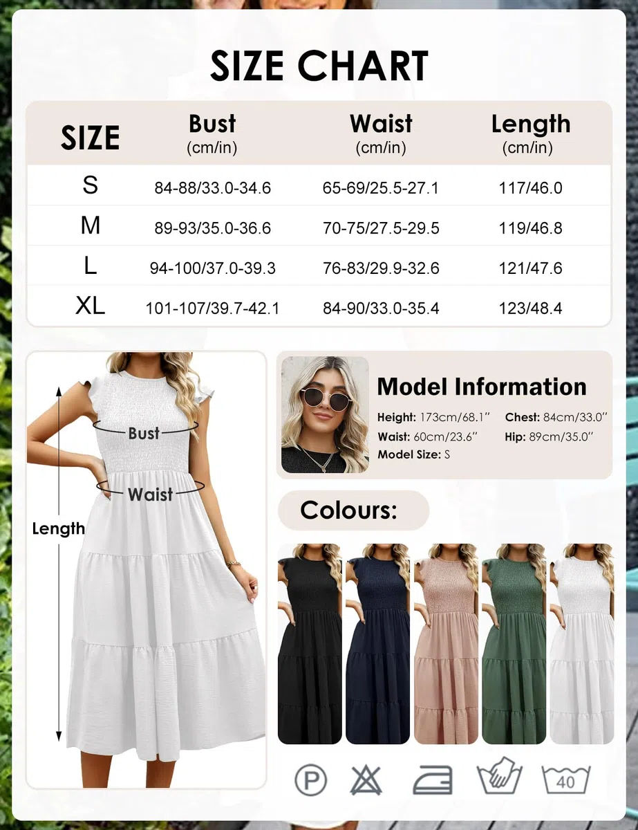 CMTOP Vestito Donna Estivo Abito Lungo Estivo Girocollo Scollo Vestiti con Manica a Volant Casuale Vita Elastica Abiti da Mare Spiaggia Eleganti Tinta Unita Abito di Linea A