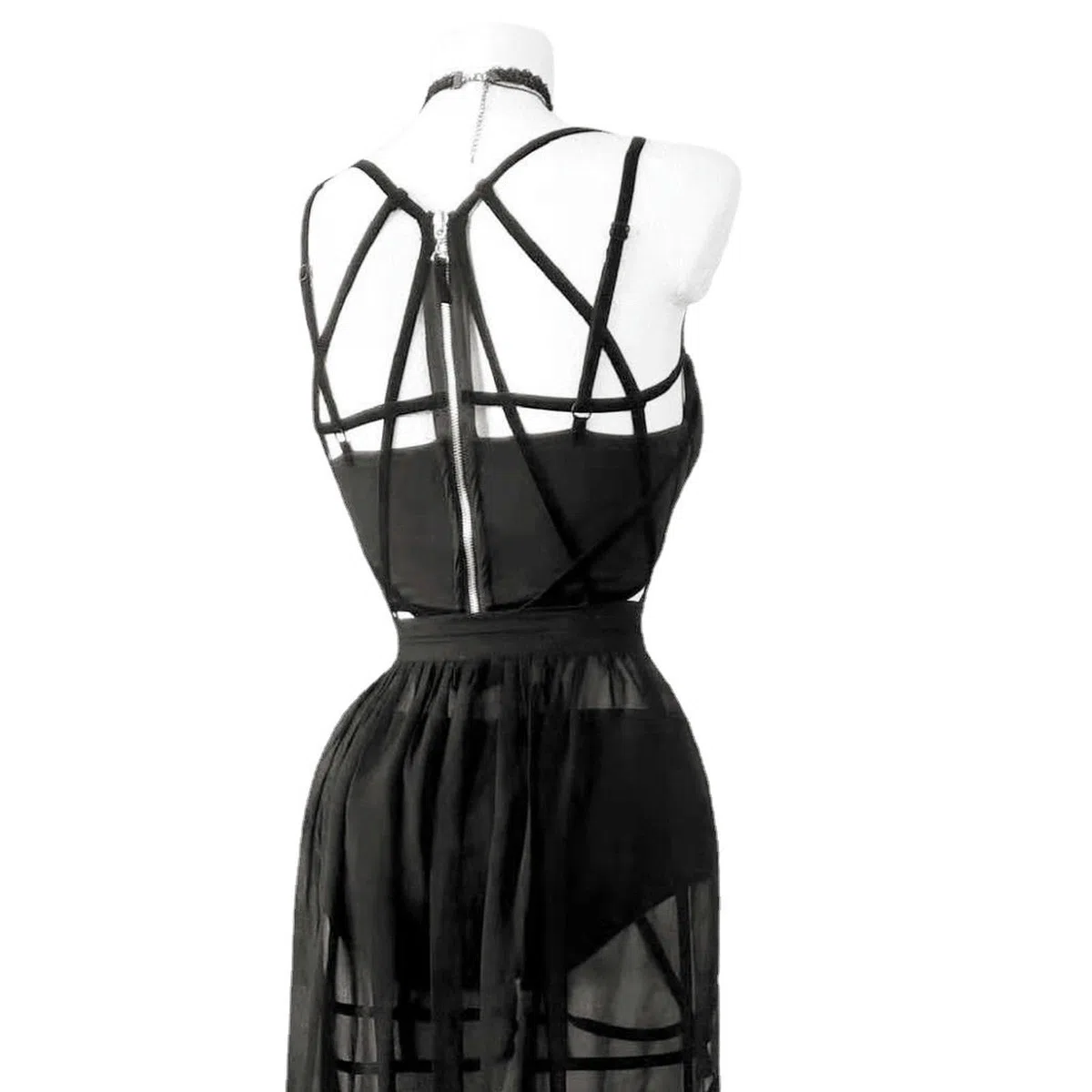 Completo Intimo Tre Pezzi con Abito con Spalline e Cuscinetti per Il Petto, Bellissima Gonna in Garza - Nero - M