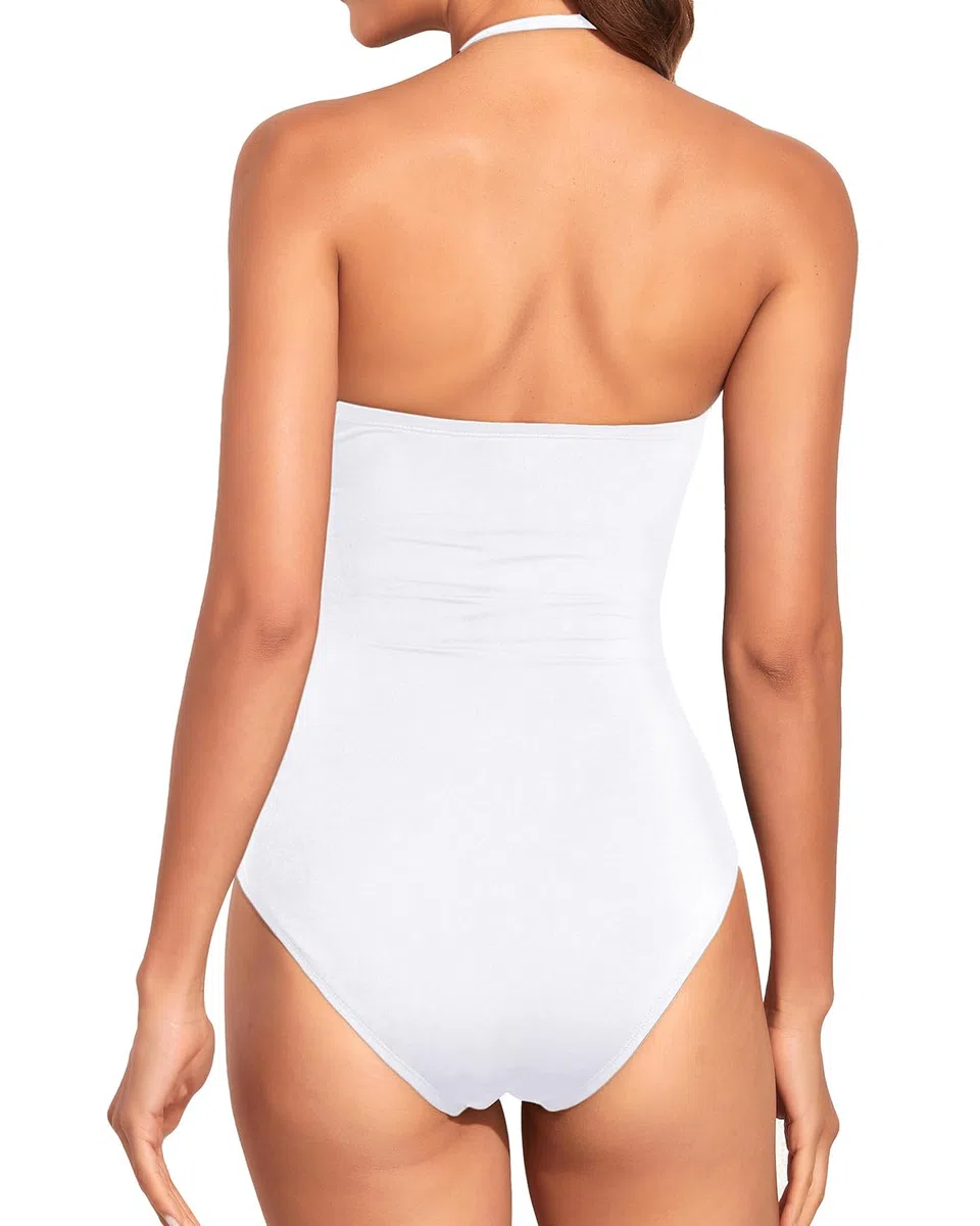 Holipick Costume da bagno da donna intero, senza spalline, a fascia, modellante sulla pancia, a effetto snellente, possibilità di allacciarlo al collo