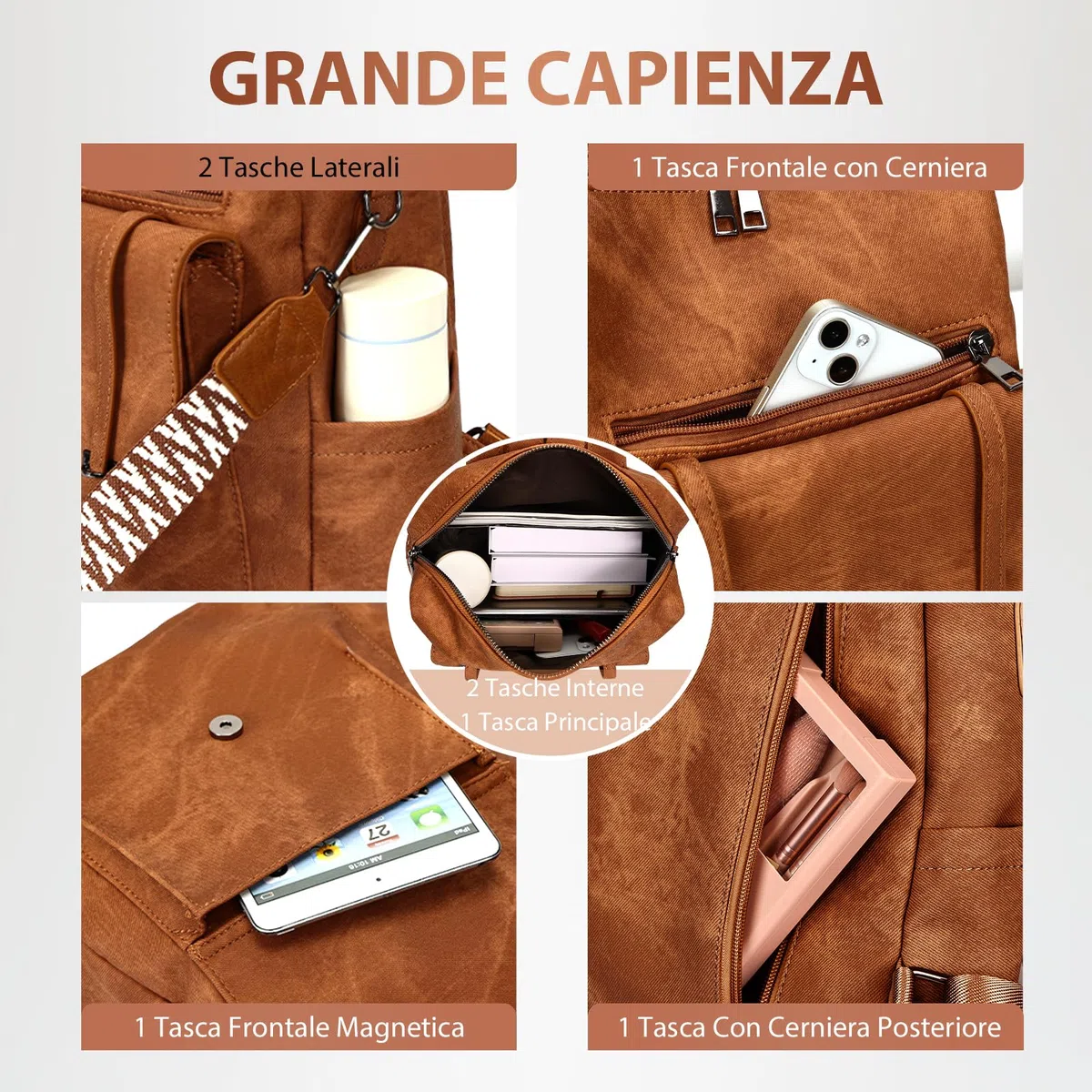 Leathario Zaino Donna in Pelle Vegana Impermeabile Antifurto,Borsa Elegante 3-in-1,Zaino da Lavoro, Viaggio e Uso Quotidiano(Marrone Smerigliato)