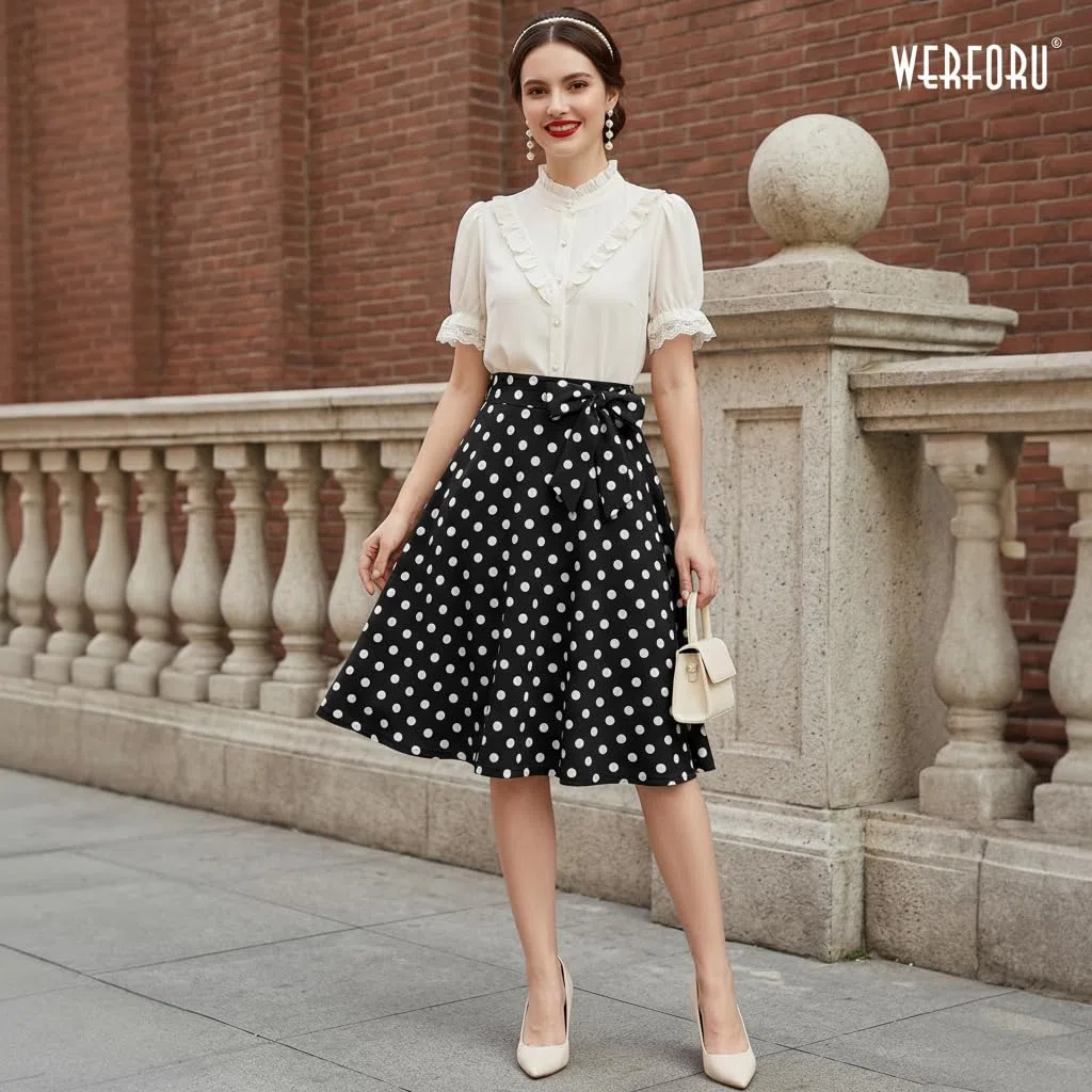 WERFORU Gonna midi da donna anni '50, a pois, rockabilly, vintage, linea ad A, gonna a pieghe con cintura