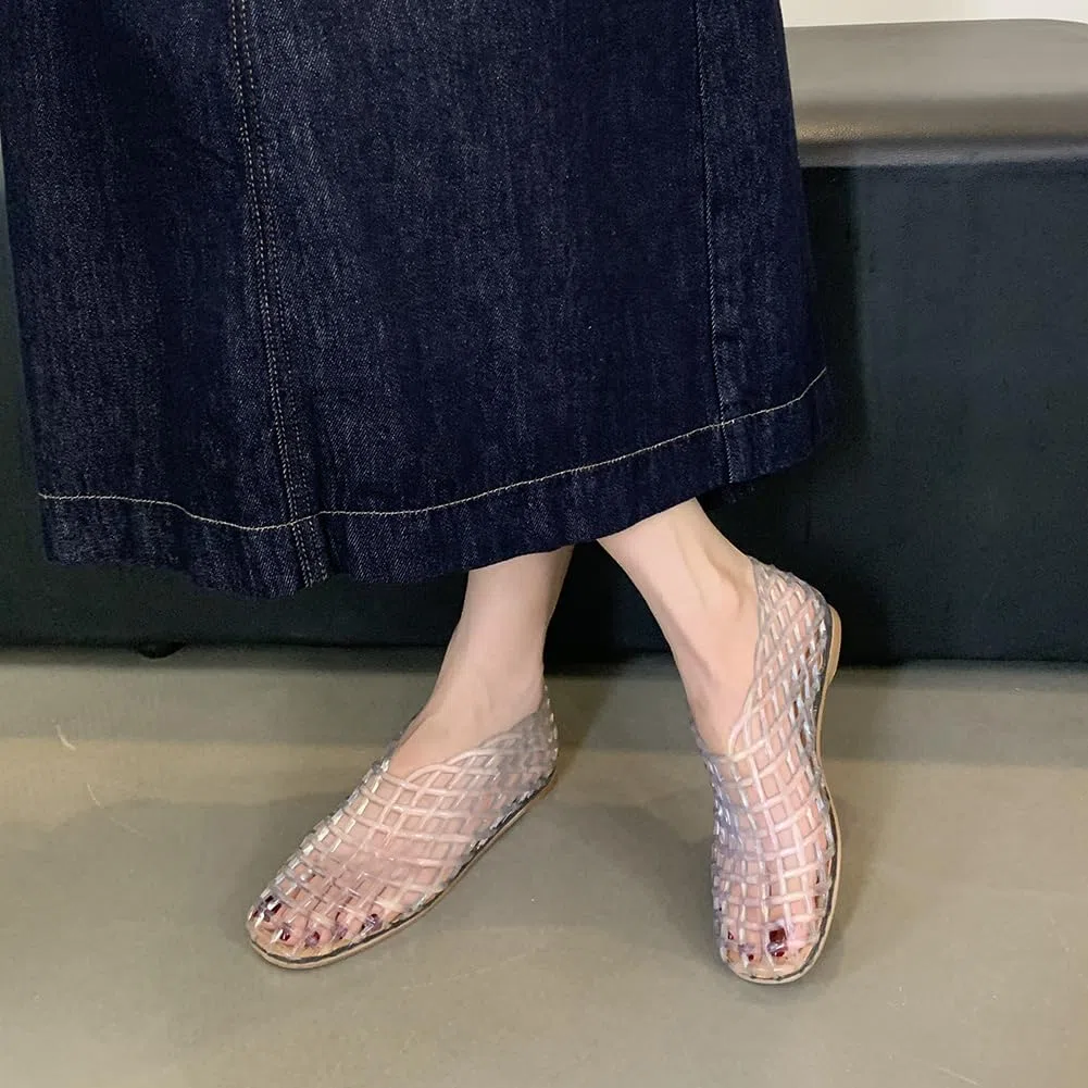 Donna Jelly Flats Moda Slip-on Flats Punta Quadrata Spiaggia Jelly Scarpe Leggero Casual Sandali Piatti Traspirante per Viaggi All'aperto