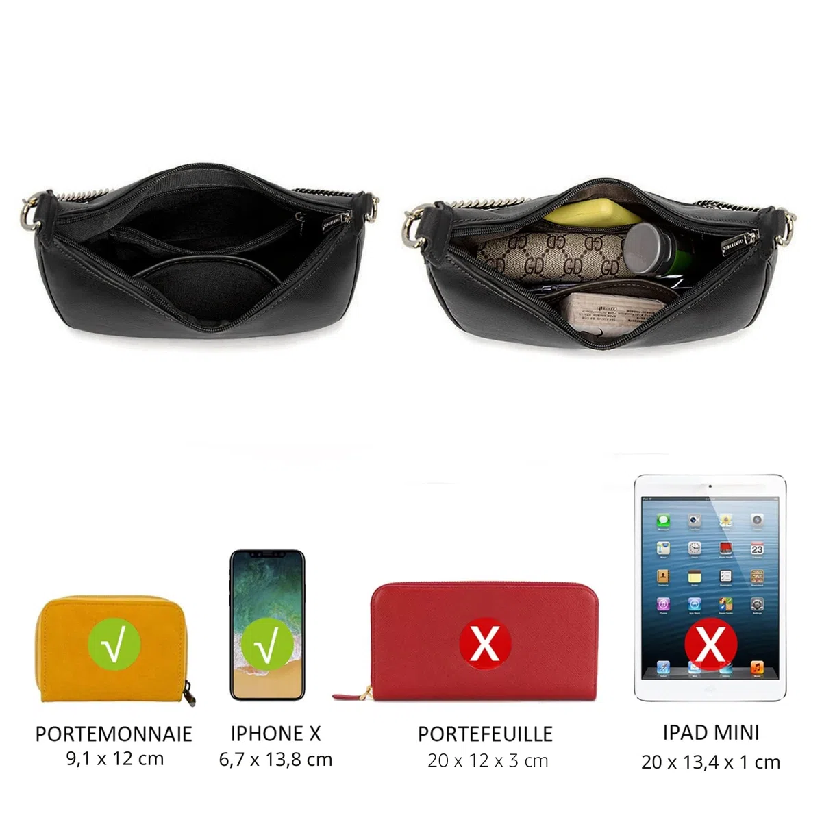 David Jones - Borsa a Spalla Donna - Borsa a Tracolla Catena Simil Pelle PU Rigida - Borsa a Mano Piccola Mezzaluna - Borsetta Pochette Borsello Hobo Clutch Sera Crossbody Bag Tendenza - Nero