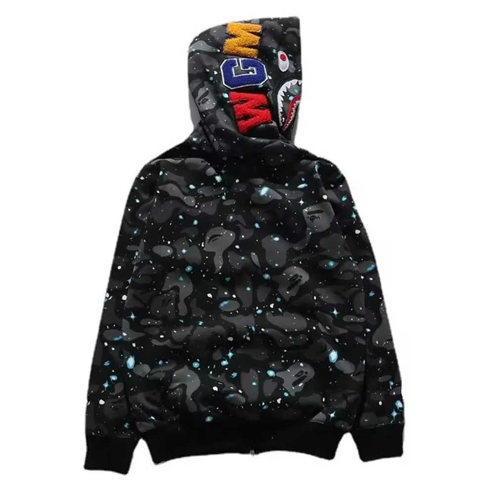 Uomo 3D Stampato Shark Felpa con Cappuccio Hip Hop a Maniche Lunghe Zipper con Cerniera Mimetica Moda Street Wear