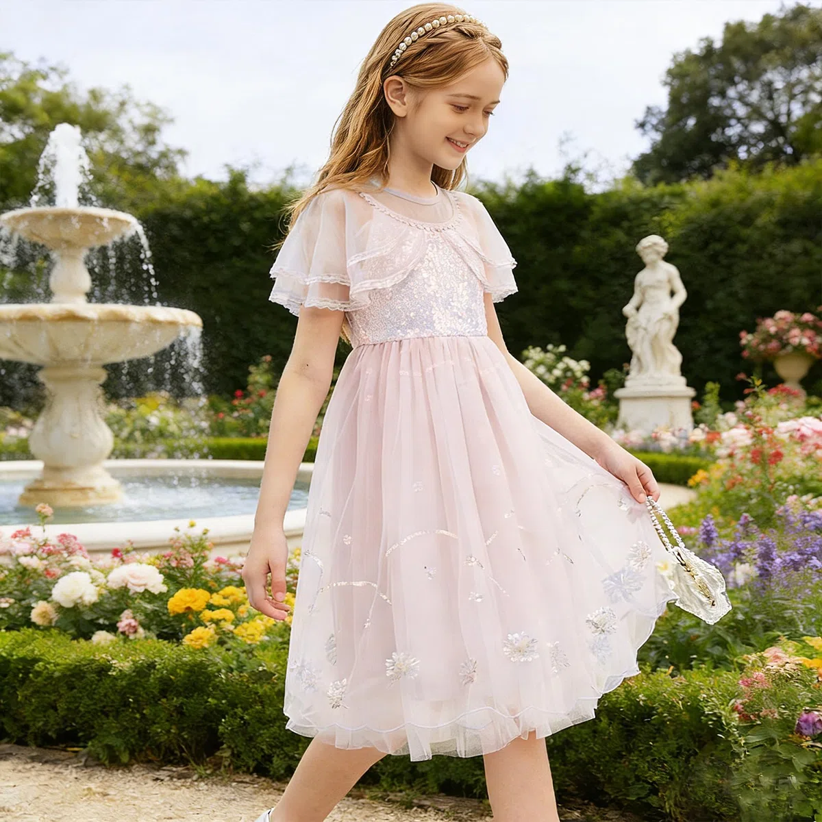 100-150 Vestito da Principessa per Bambina con Paillettes,Vestito Elegante Bambina in Tulle A-Line con Rete,Abiti per Bambina,Vestito Festivo,Vestito Estivo per Bambina per Feste,Compleanni,Carnevale