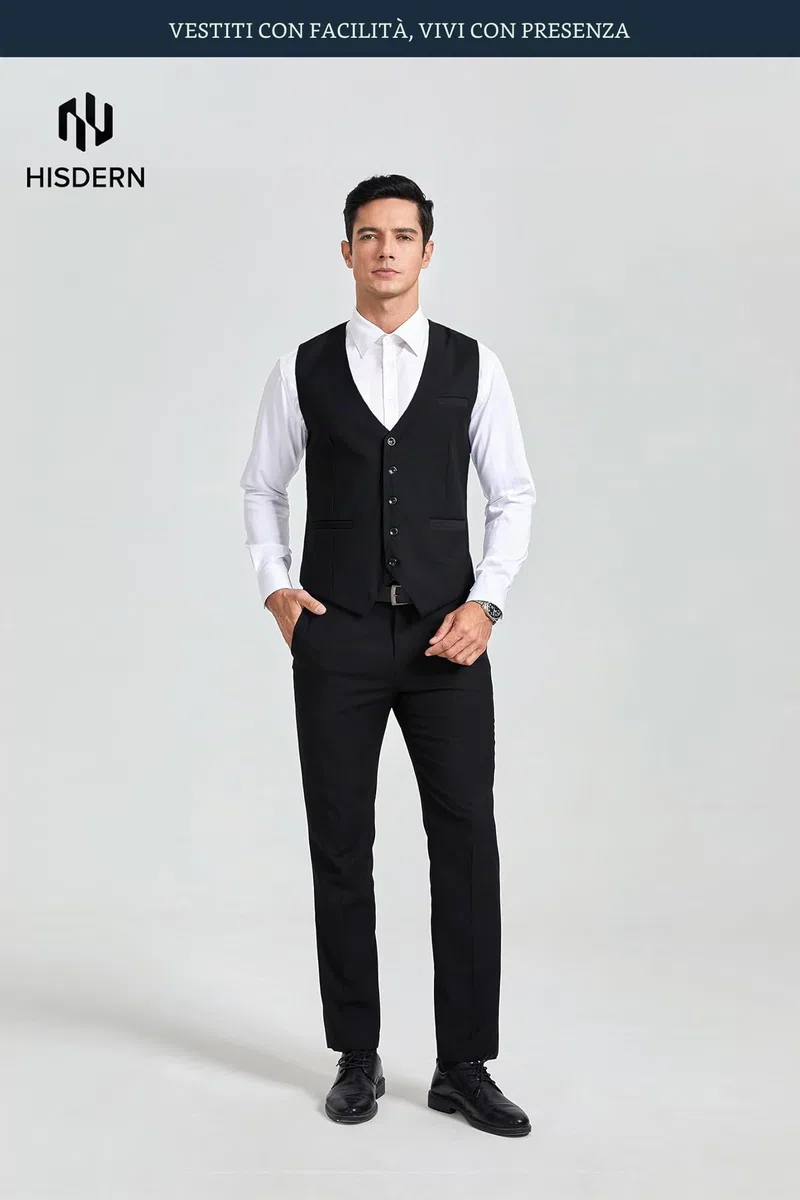 HISDERN - Gilet da uomo in cotone tinta unita, per feste di nozze e occasioni formali