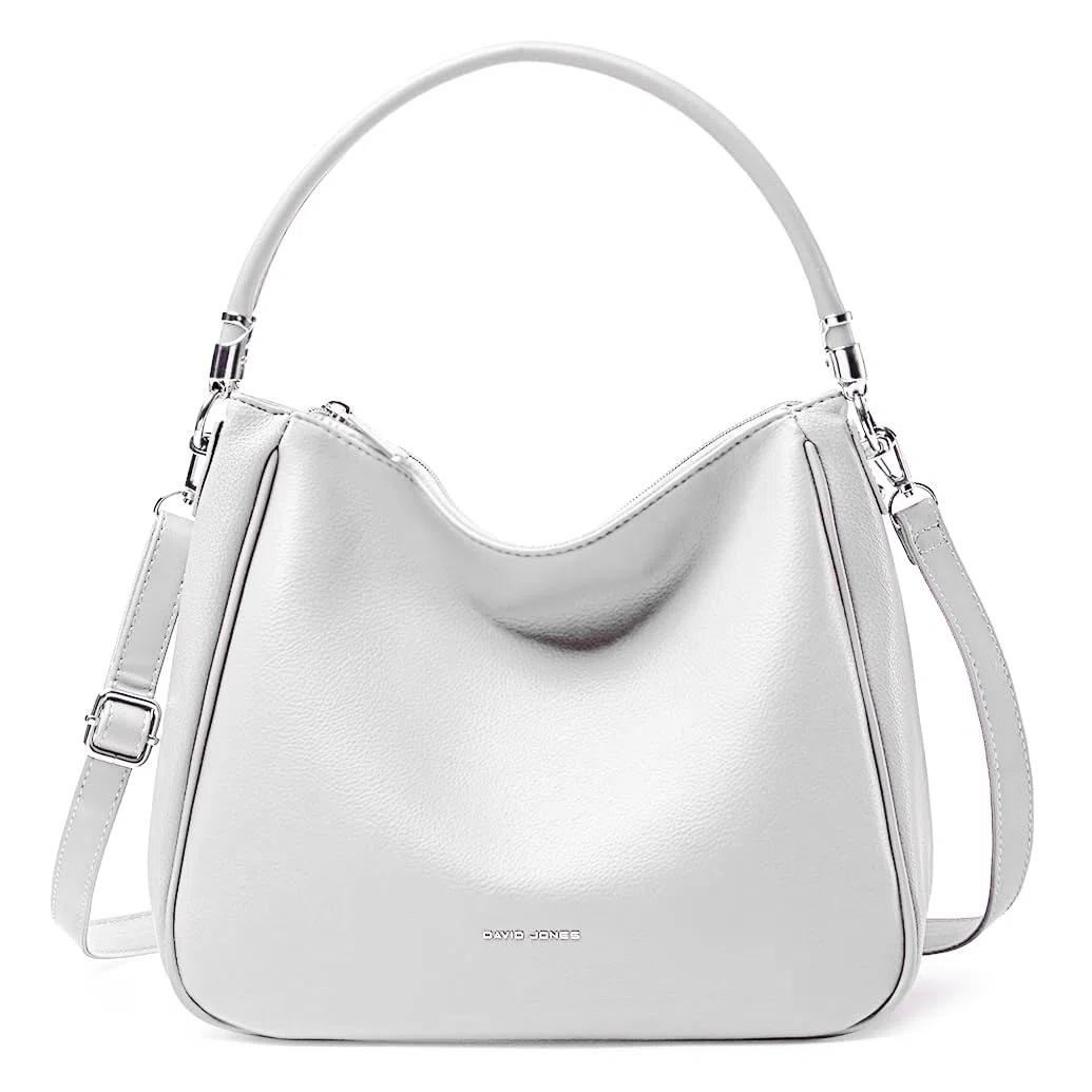 David Jones - Borsa da donna - Borsa a tracolla in ecopelle di poliuretano, di medie dimensioni con manico lungo, alla moda, classica, pratica, elegante, bianco, Elegante