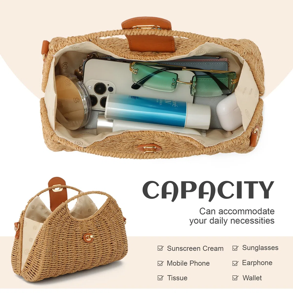 EVEOUT Borsa a tracolla in Paglia Donna Estiva Borsa a cesto Rattan Intrecciata Boho Chic Borse a mano per spiaggia vacanze viaggio