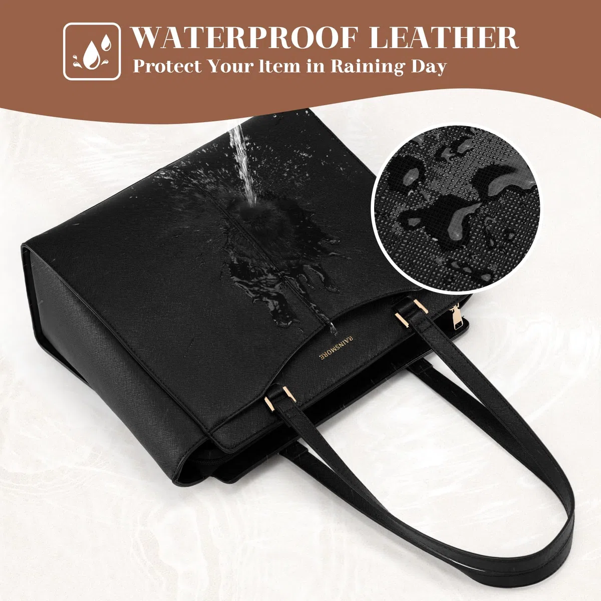 RAINSMORE Borsa Donna Grande Borsa Università Impermeabile Shopper Tote Pelle PU Borse da Lavoro con 14 Pollici Laptop Borse a Tracolla con Tasca Interna Cerniera Shopping Viaggi Scuola Ufficio