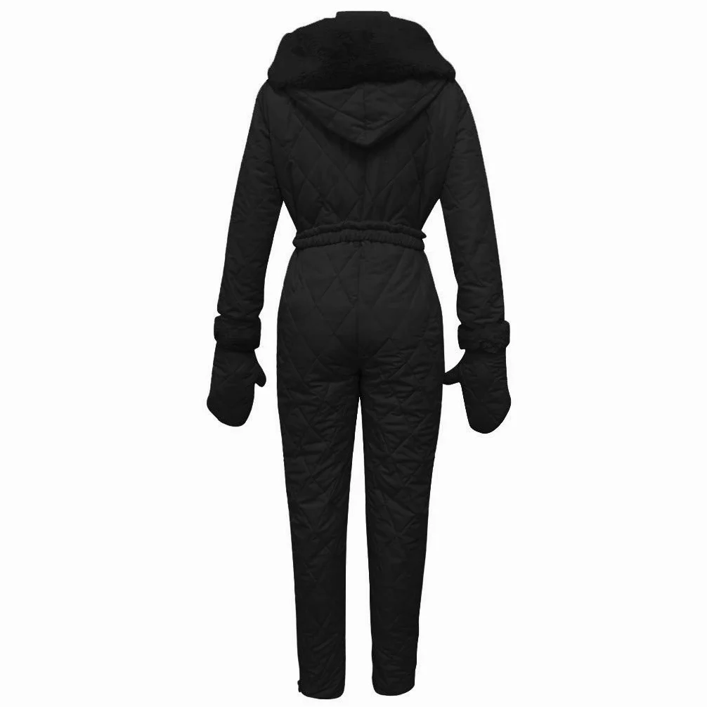 Elegante tuta da sci da donna monopezzo tuta da sci invernale tuta da sci sportiva con cappuccio tuta da neve sportiva da donna moda casual collo in pelliccia spessa tuta da sci snowboard sport