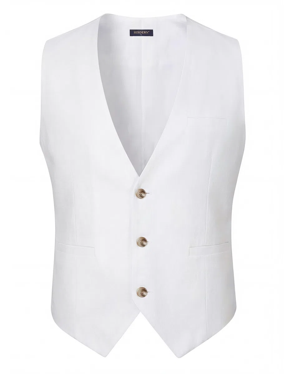 HISDERN Gilet estivo da uomo in cotone e lino modello casual in tinta unita con tasche