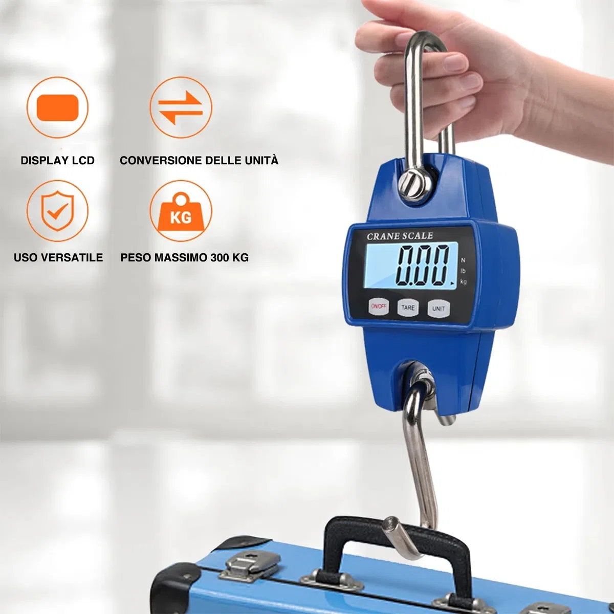 Voltix Portatile Bilancia Digitale da Appendere per Impieghi Gravosi, 300kg 600 lb Mini Bilancia a Sospensione con Display LCD e Batterie Incluse (Blu)