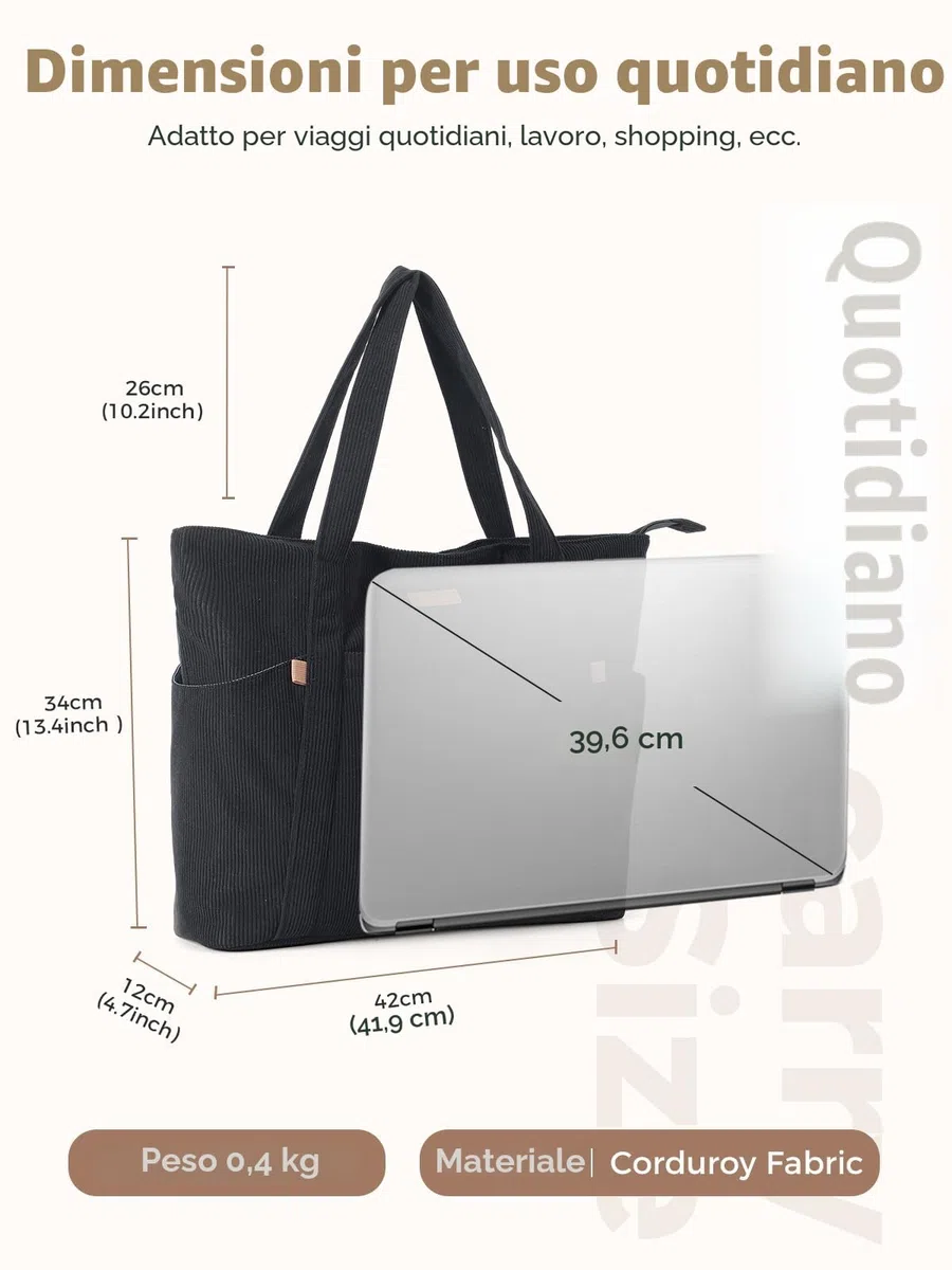 Borsa Tote Bag Università Donna Grande Capiente, Borsa a Tracolla Donna in Velluto a Coste con Cerniera, Borse Spalla Porta PC 15.6 Pollici per Viaggo Lavoro Scuola Ufficio Shopping, Nero S
