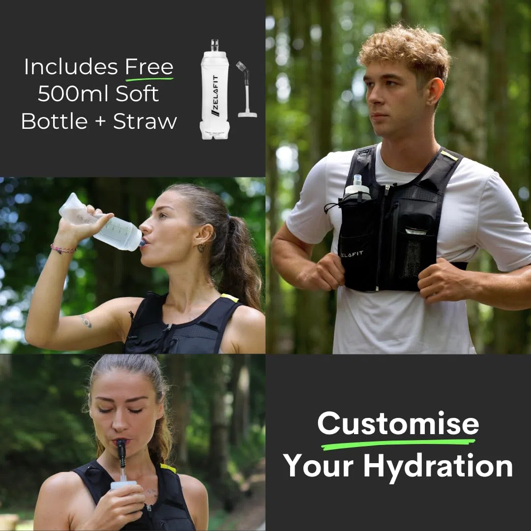ZelaFit® Running Vest with Rechargeable LEDs & Micro USB Charging Cables, Water Bottle and Straw - Reflective Hydration Vest with 8 Pockets - Running Backpack Alternative in 2 Sizes - Men & Women