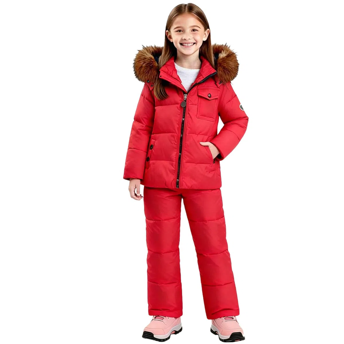 KHIRVWL Completo Sci Bambino 2 Pezzi Piumino Cappuccio Colletto in Peluche + Salopette Tuta da Sci Termica Inverno Calda Neve Antivento Tuta Invernale con Muta Sfoderabile Outdoor Softshell Snowboard