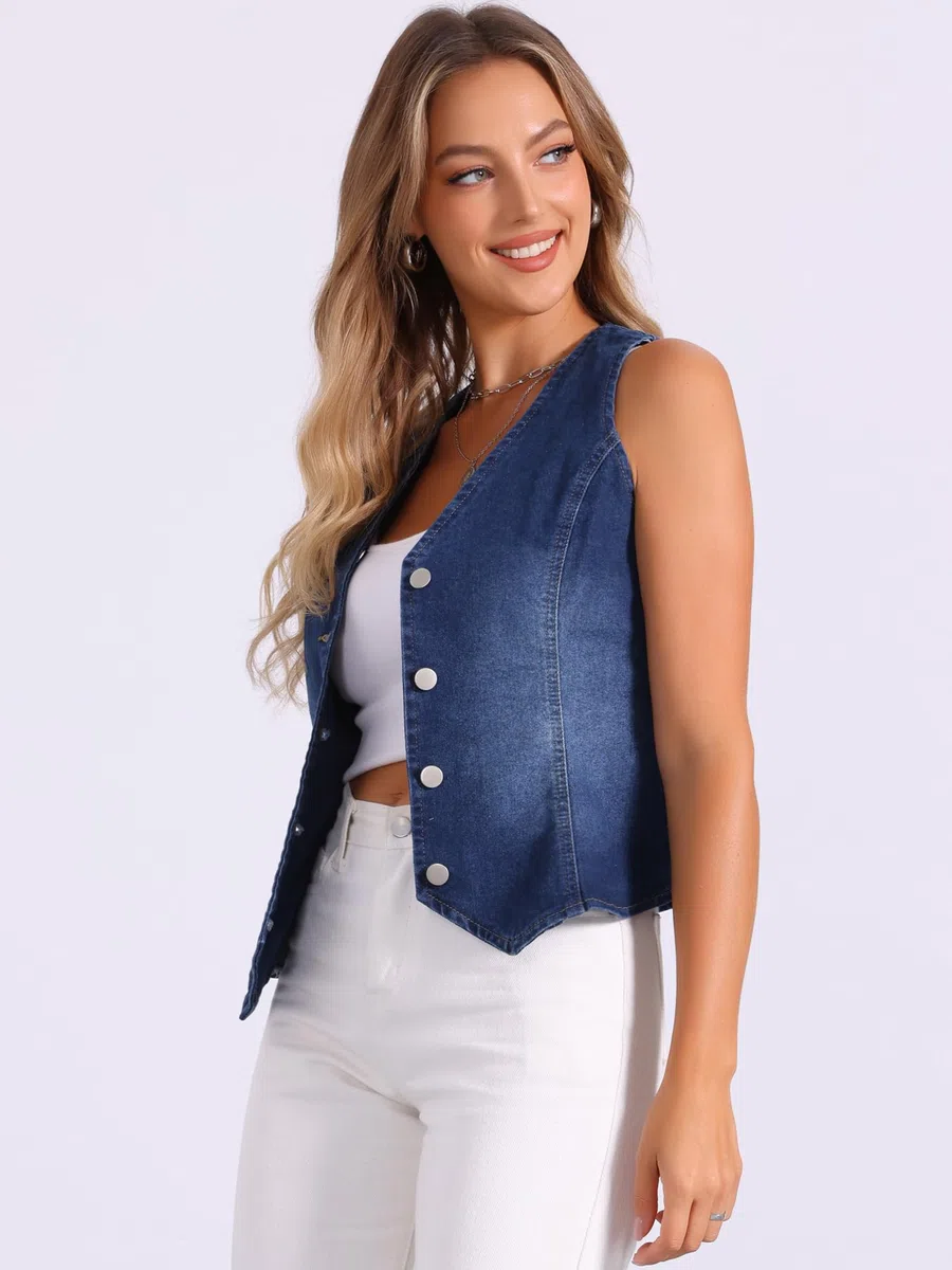 Allegra K Gilet Jeans Donna Estivo Gilet Elegante con Bottoni Scollo A V Giubbotto Senza Maniche Giacca In Denim