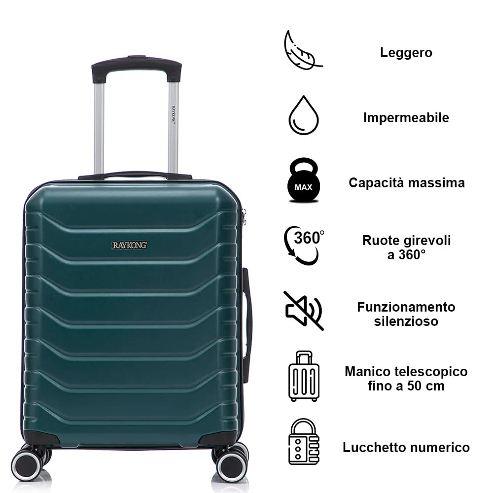 RAYKONG Valigia a mano 55x40x20cm (40L) in ABS+PC | 4 ruote girevoli a 360º | lucchetto incorporato | 20 pollici - (RK12|Verde)