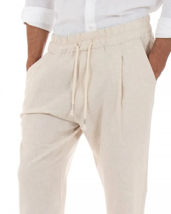 Giosal Pantalone Uomo Elastico Lino Tinta Unita Cavallo Basso Casual Vari Colori