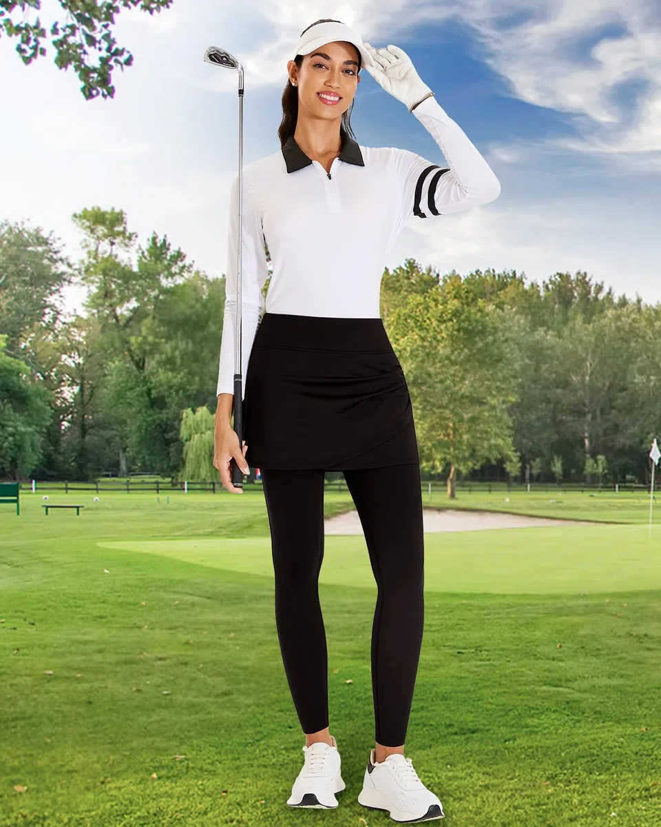 WOWENY Leggings da donna con gonna, lunghezza alla caviglia, gonna da tennis, con leggings con tasche, morbidi e gonne, 2 in 1