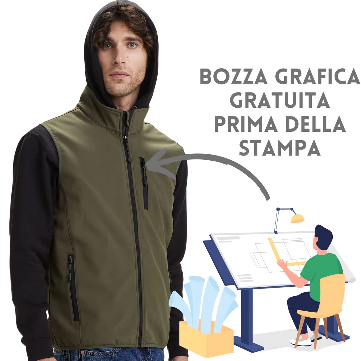 Gilet da Lavoro Uomo Personalizzato con Ricamo Softshell Smanicato Abbigliamento per Cantiere, mtb, Caccia, Pesca, Outdoor, Trekking, Softair
