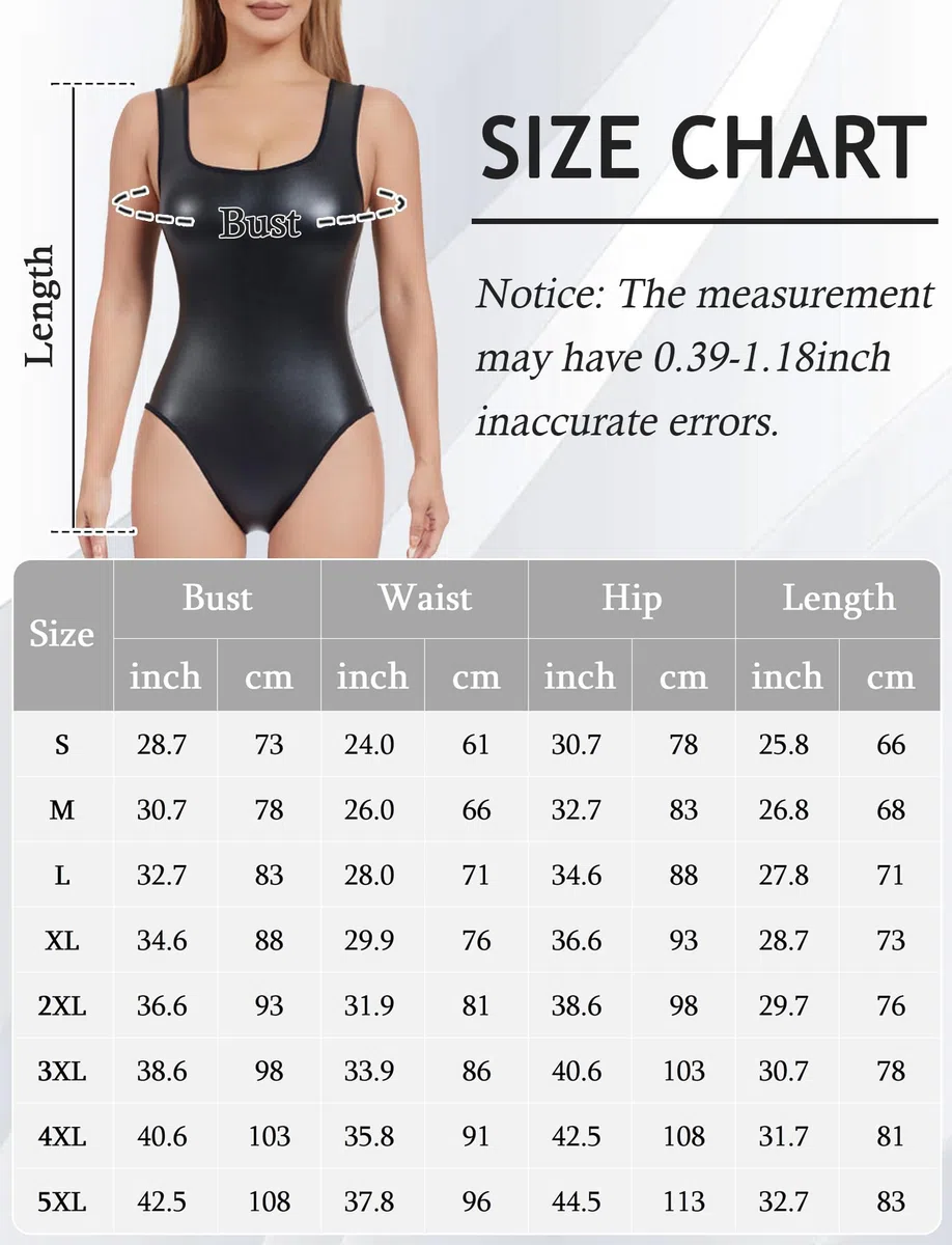 Body Donna in Pelle Leotard Ecopelle Bodysuit con Scollatura Squadrata Aderente Top Abito per Halloween Formazione Sportivo Spettacolo S-4XL