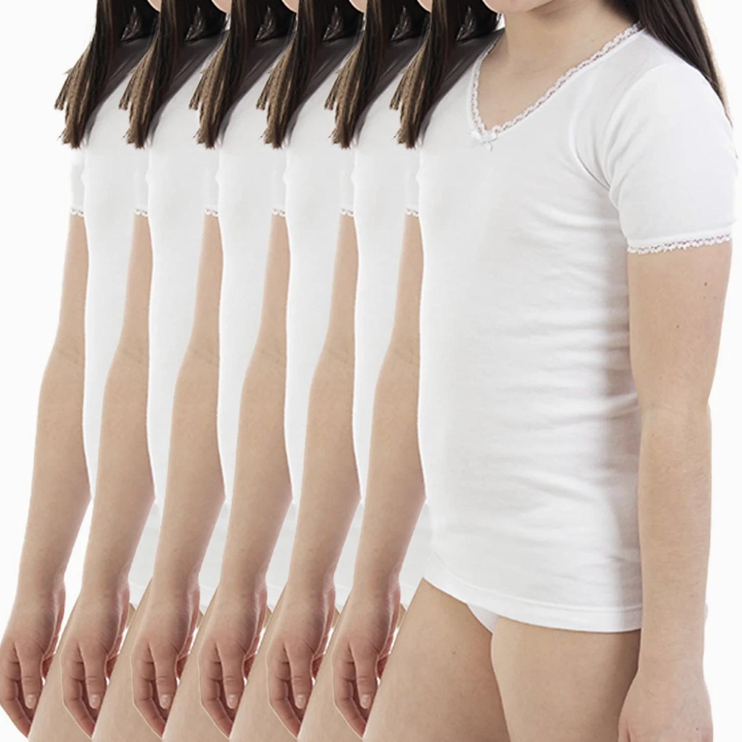 Confezione risparmio da 6 pezzi – Maglietta intima termica da bambina L145, a maniche corte e collo a V con pizzo. Taglia e colore.