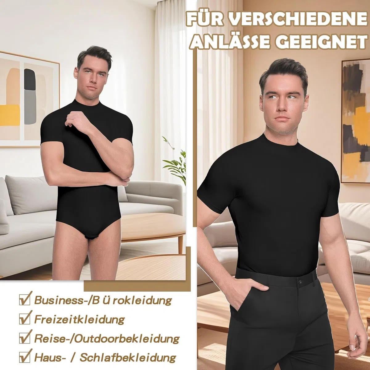 Landofgenie Body Uomo Manica Corta con Collo Mezzo Alto Body Elastico per Business Casual & Everyday Maglietta Base Estensibile