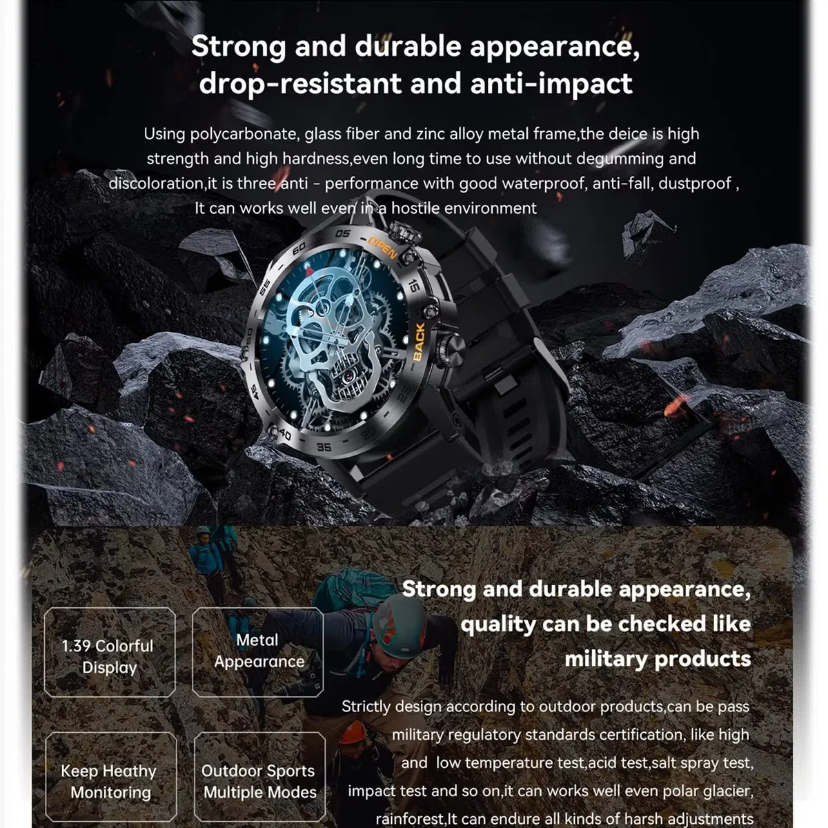 Smart Watch, smartwatch militare Bluetooth da uomo, oltre 100 modalità sportive, alla moda, per fitness, frequenza cardiaca, pressione sanguigna, monitoraggio dell'ossigeno nel sangue,