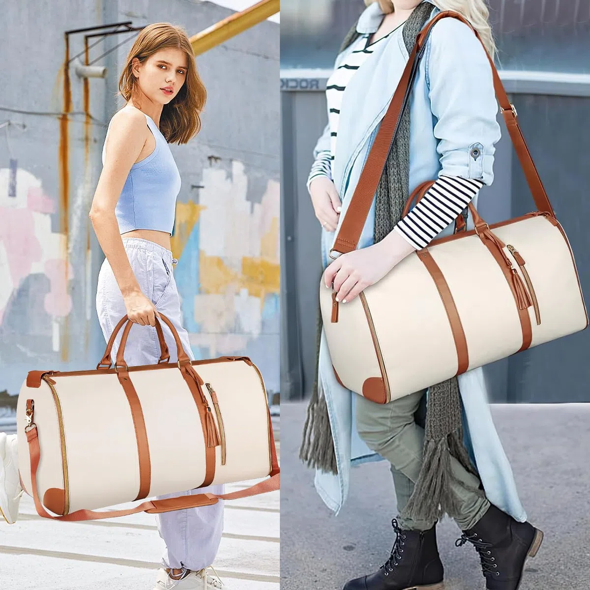 Borsone da Viaggio, Porta Abiti da Viaggio, Travel Bag con Custodia Per Scarpe, Grande Borsa da Viaggio Donna, Borsa da Viaggio Porta Abiti Pieghevole, Borsa Per Valigie Sospesa 2 In 1 (Bianco)