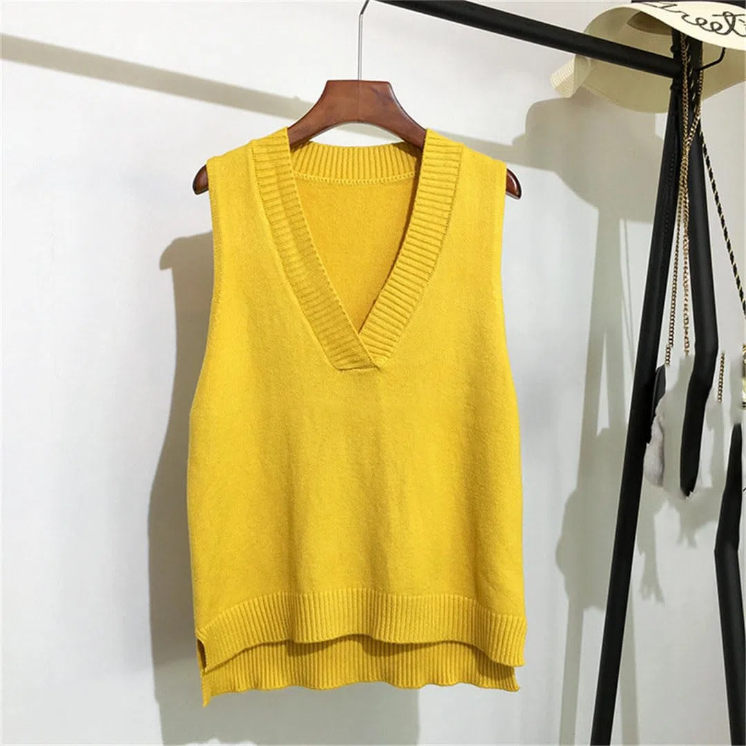 Maglione da donna semplice con scollo a V retrò gilet lavorato a maglia maglione sciolto senza maniche camicia di fondo pullover gilet casual