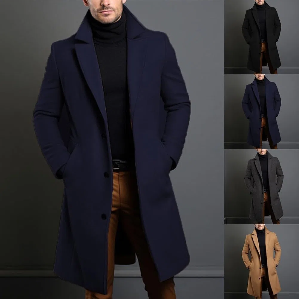 Cappotto da uomo nero di lusso, soprabito lungo e caldo a petto singolo (S Grigio scuro)