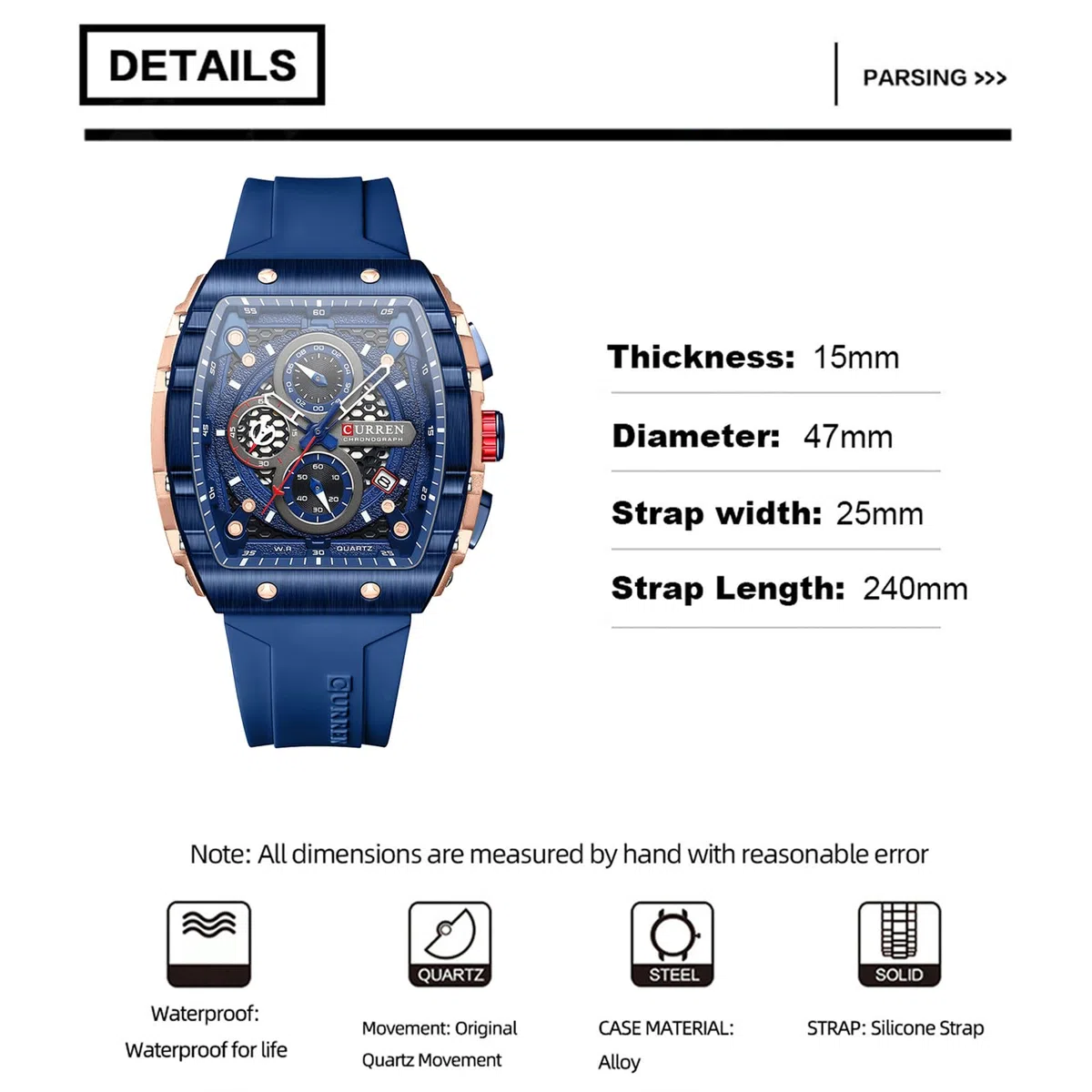 FORSINING Orologio da polso da uomo, analogico, al quarzo, alla moda, rettangolare, grande quadrante, cinturino in silicone, impermeabile, orologio militare con calendario e data