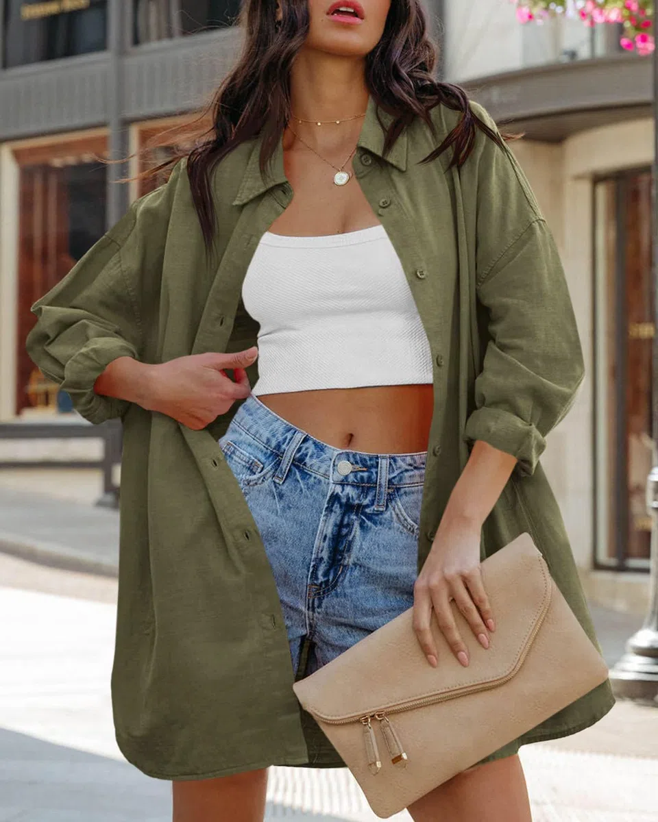 Cicy Bell Camicetta Oversize da Donna Camicie a Maniche Lunghe Button Down T-Shirt Casual in Cotone con Tasche