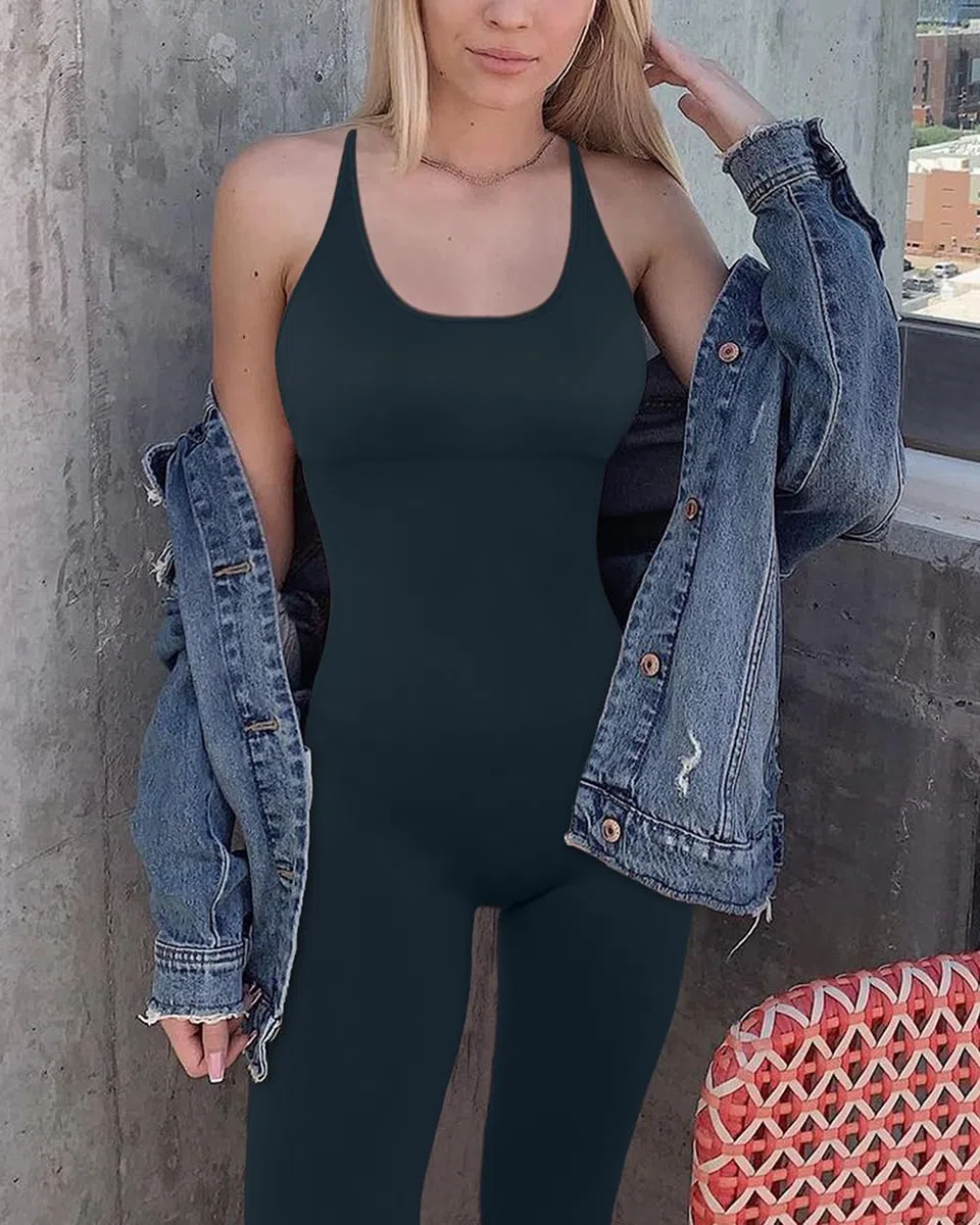 RXRXCOCO Spaghetti Strap a coste, tuta da donna aderente, senza schiena, imbottita, per yoga, sport, tuta intera