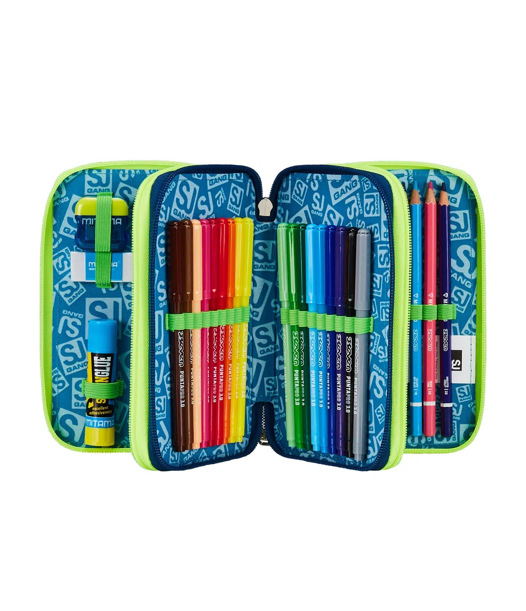 SJ GANG STYLE JAM GANG Astuccio Scuola 3 Zip, Blu, Fluo Snow, Portapenne Triplo Scomparto Completo Di Penne, Matite, Colori, Accessori Zaino, Elementari, Medie, Bambino