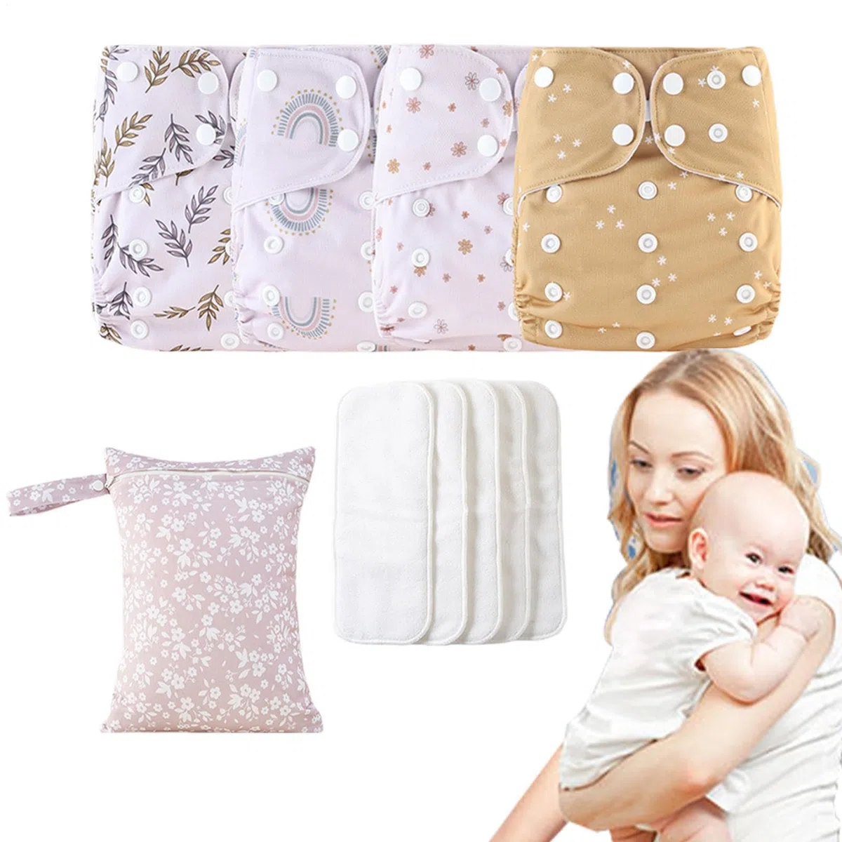 Pannolini riutilizzabili per, pannolini lavabili per, pannolini per bambini riutilizzabili regolabili, 4 fodere assorbenti e traspiranti, copertura impermeabile con 4 inserti e 1 borsa