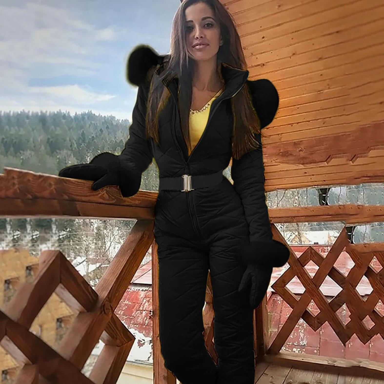 Elegante tuta da sci da donna monopezzo tuta da sci invernale tuta da sci sportiva con cappuccio tuta da neve sportiva da donna moda casual collo in pelliccia spessa tuta da sci snowboard sport